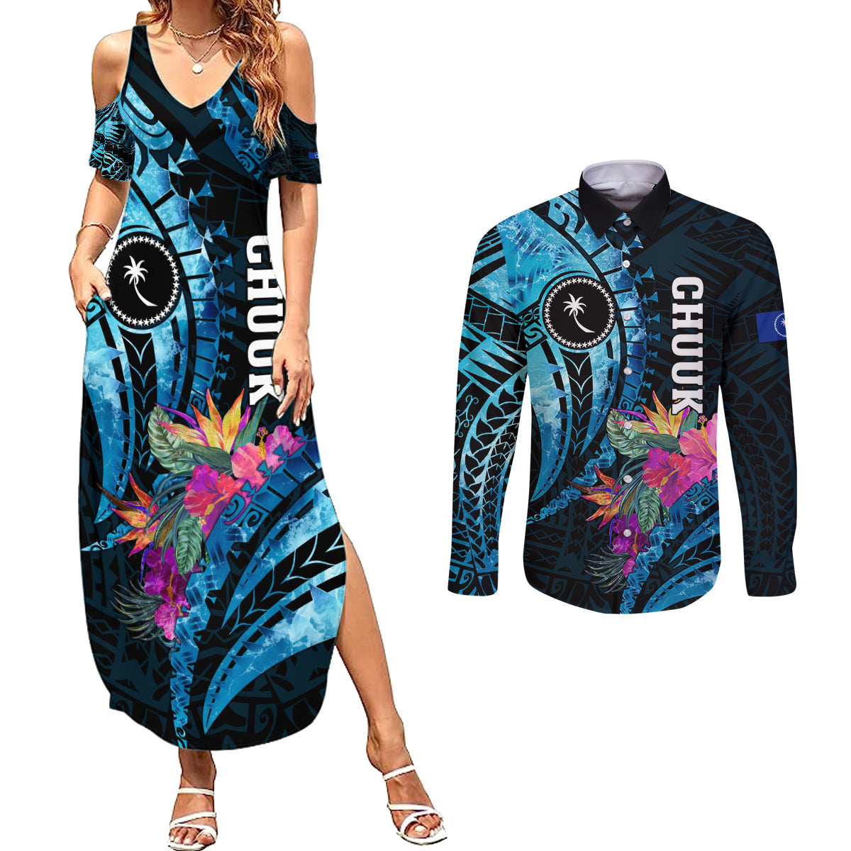 Personalised FSM Chuuk State Couples Matching Summer Maxi Dress and Long Sleeve Button Shirt Tropical Flowers Tribal Pattern LT05 Blue - Polynesian Pride