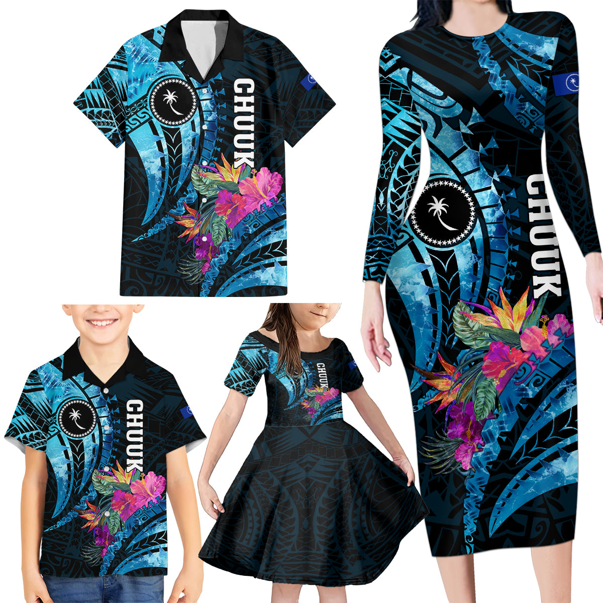 Personalised FSM Chuuk State Family Matching Long Sleeve Bodycon Dress and Hawaiian Shirt Tropical Flowers Tribal Pattern LT05 - Polynesian Pride