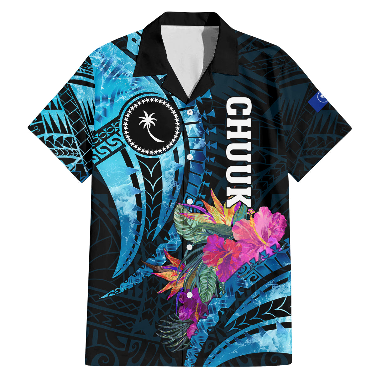 Personalised FSM Chuuk State Family Matching Mermaid Dress and Hawaiian Shirt Tropical Flowers Tribal Pattern LT05 Dad's Shirt - Short Sleeve Blue - Polynesian Pride