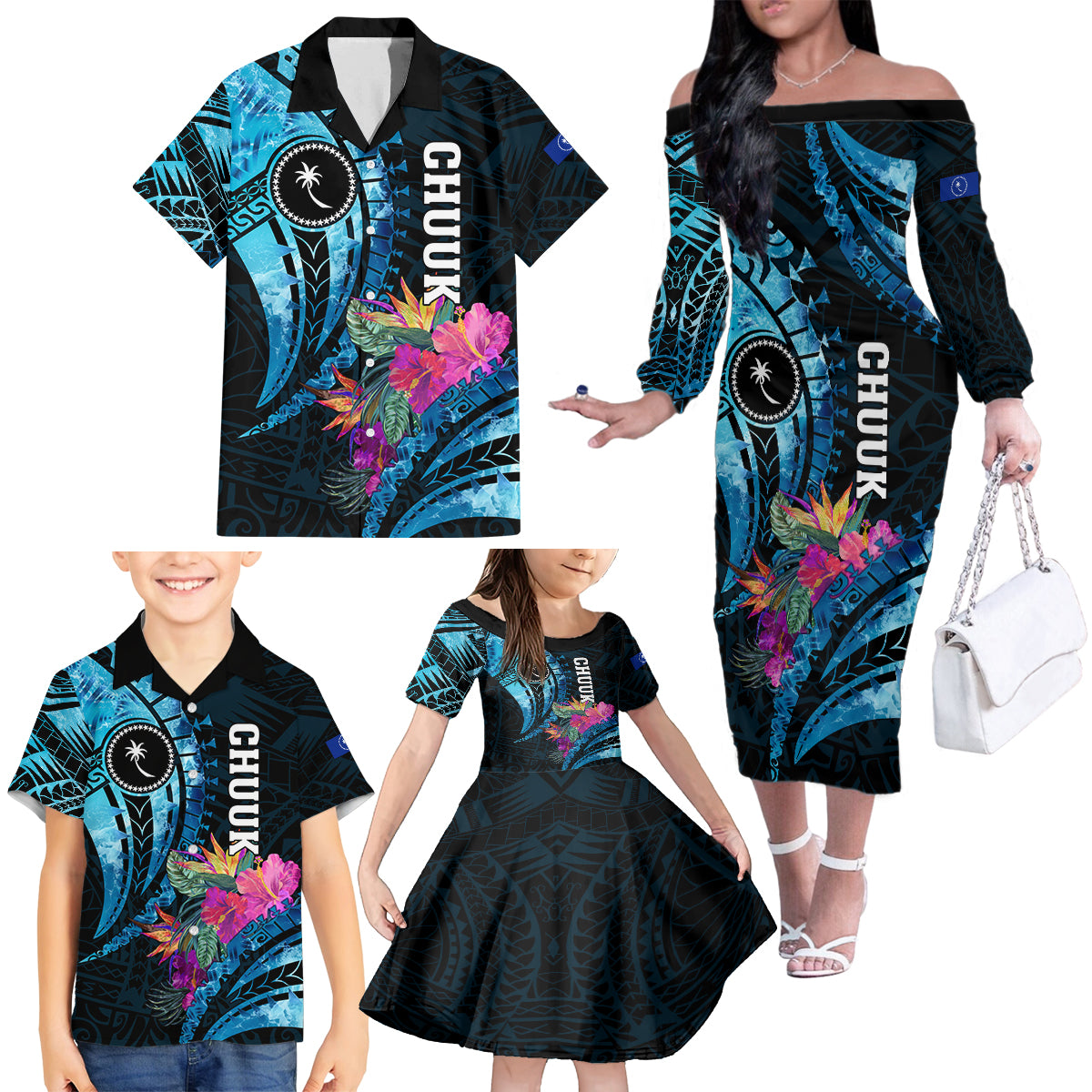 Personalised FSM Chuuk State Family Matching Off Shoulder Long Sleeve Dress and Hawaiian Shirt Tropical Flowers Tribal Pattern LT05 - Polynesian Pride