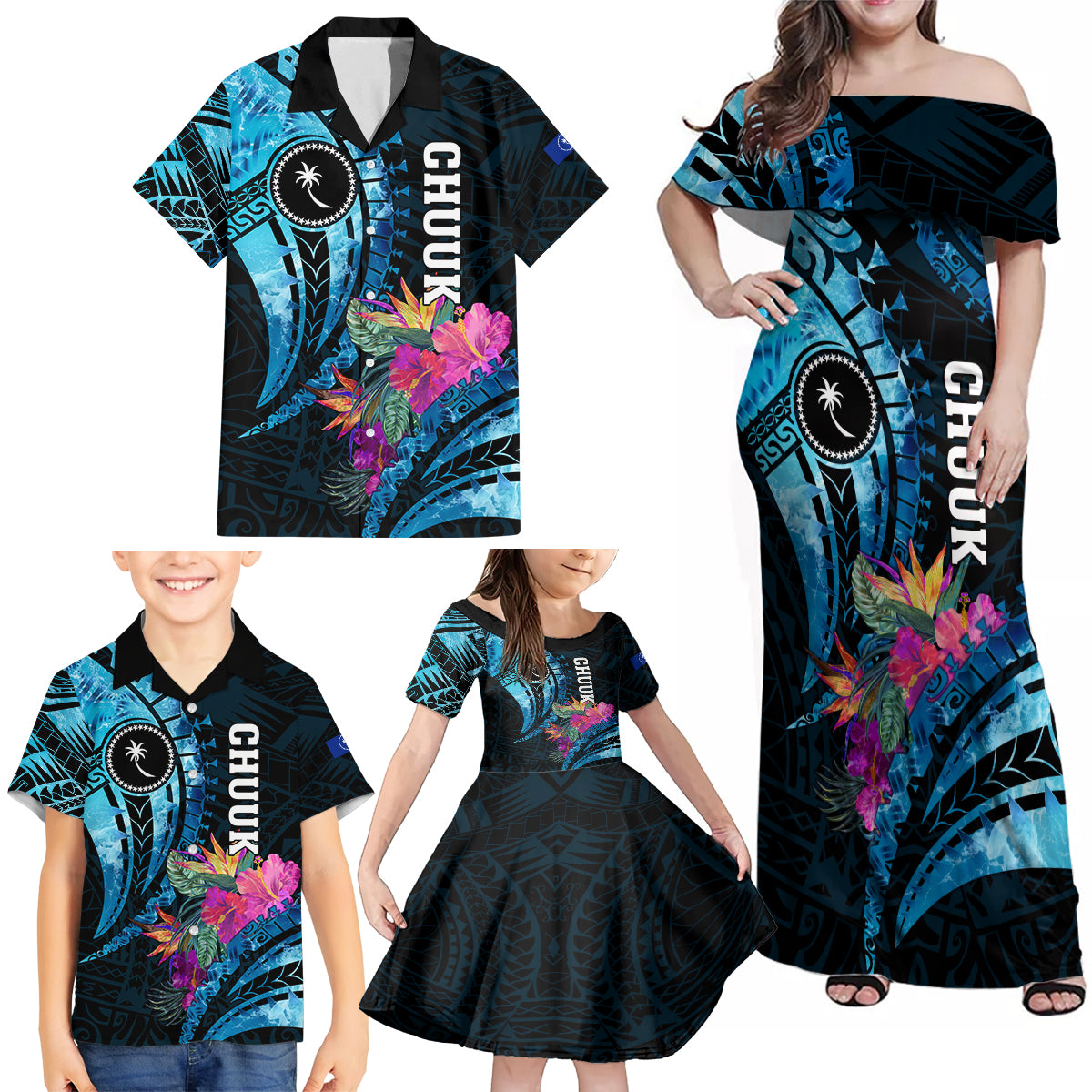 Personalised FSM Chuuk State Family Matching Off Shoulder Maxi Dress and Hawaiian Shirt Tropical Flowers Tribal Pattern LT05 - Polynesian Pride