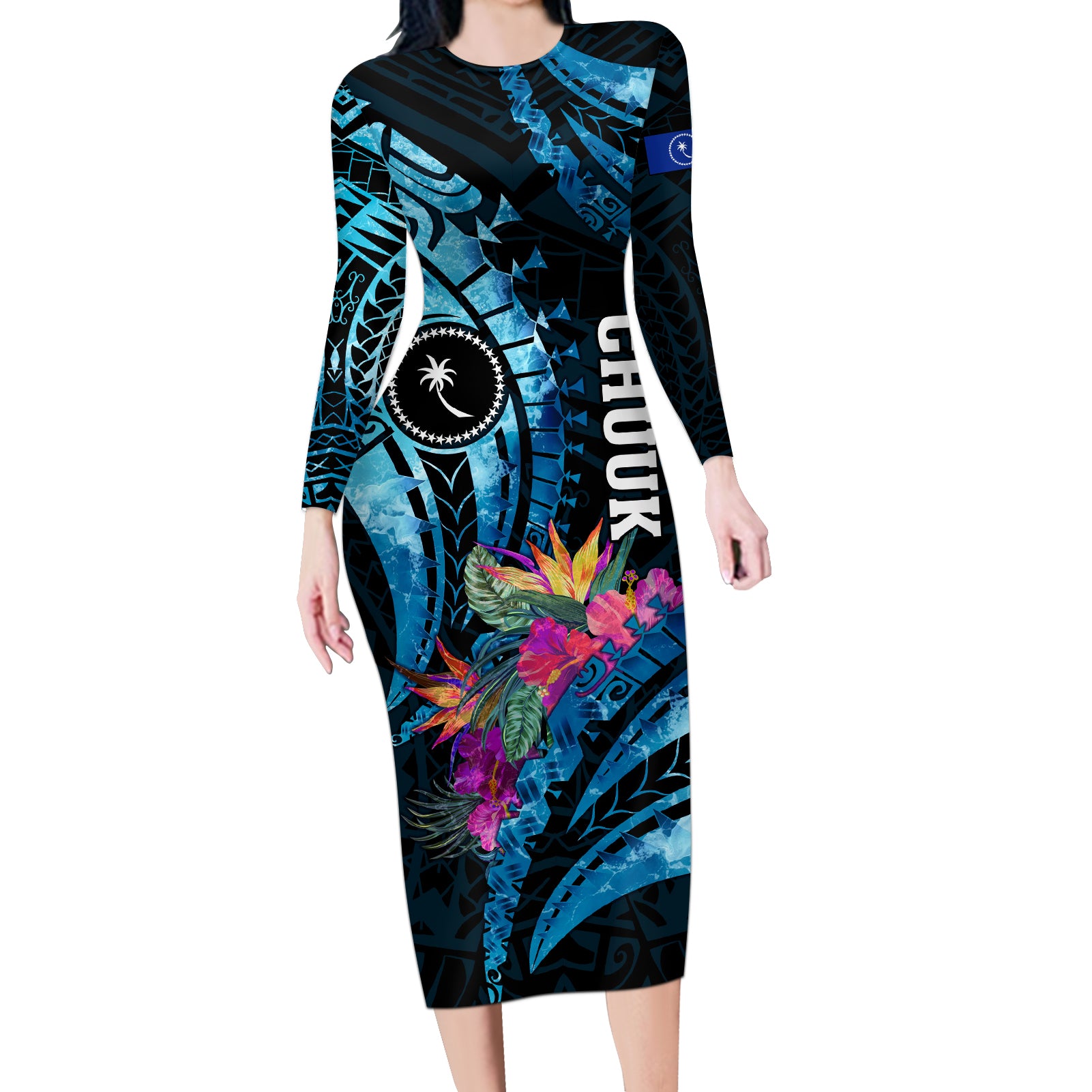 Personalised FSM Chuuk State Long Sleeve Bodycon Dress Tropical Flowers Tribal Pattern LT05 Long Dress Blue - Polynesian Pride