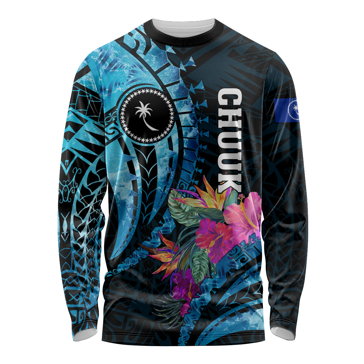 Personalised FSM Chuuk State Long Sleeve Shirt Tropical Flowers Tribal Pattern LT05 Unisex Blue - Polynesian Pride