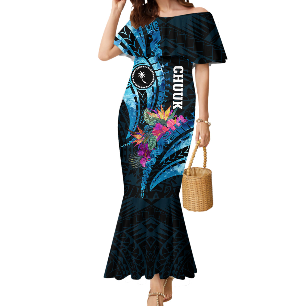 Personalised FSM Chuuk State Mermaid Dress Tropical Flowers Tribal Pattern LT05 Women Blue - Polynesian Pride