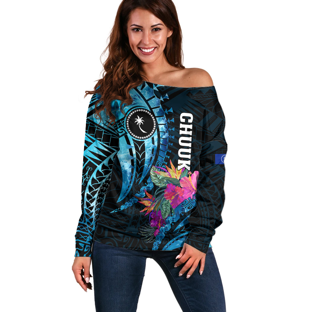 Personalised FSM Chuuk State Off Shoulder Sweater Tropical Flowers Tribal Pattern LT05 Women Blue - Polynesian Pride