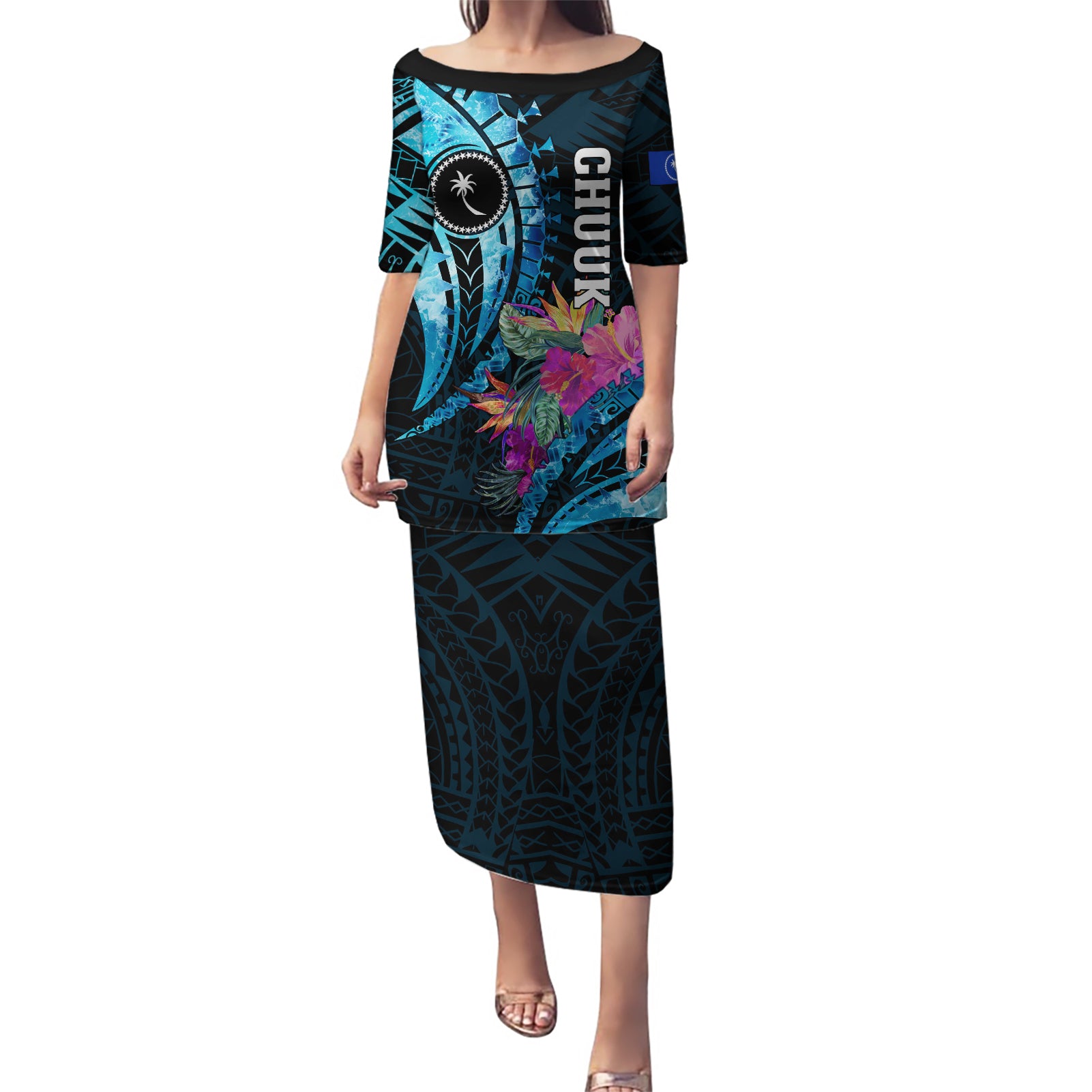 Personalised FSM Chuuk State Puletasi Tropical Flowers Tribal Pattern LT05 Long Dress Blue - Polynesian Pride