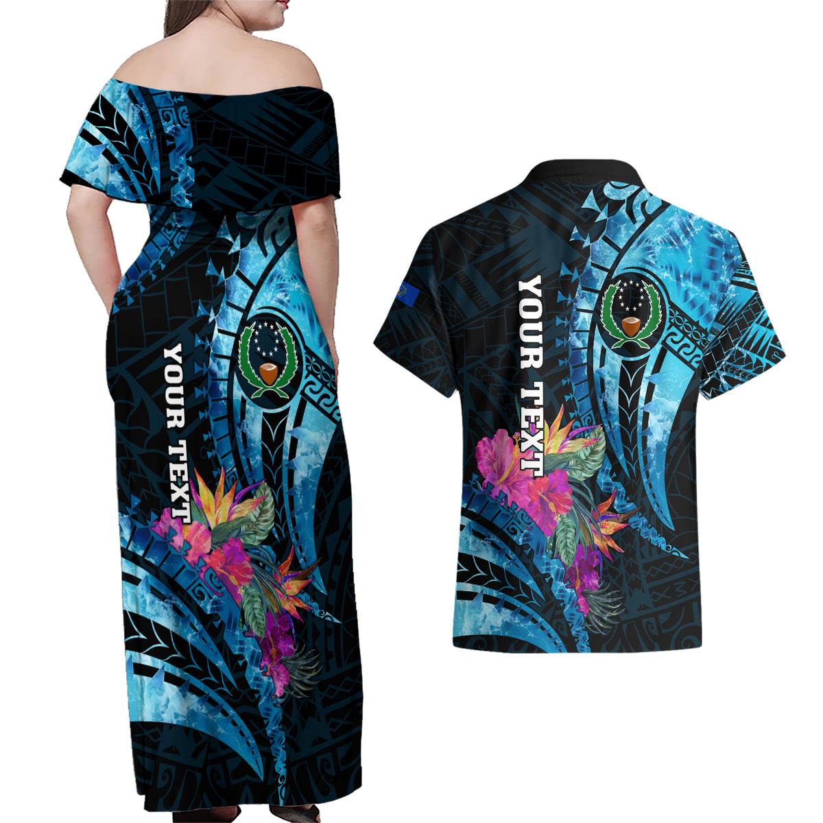 Personalised FSM Pohnpei State Couples Matching Off Shoulder Maxi Dress and Hawaiian Shirt Tropical Flowers Tribal Pattern LT05 - Polynesian Pride