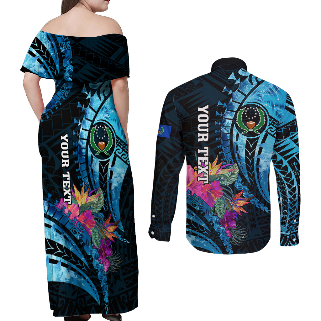 Personalised FSM Pohnpei State Couples Matching Off Shoulder Maxi Dress and Long Sleeve Button Shirt Tropical Flowers Tribal Pattern LT05 - Polynesian Pride
