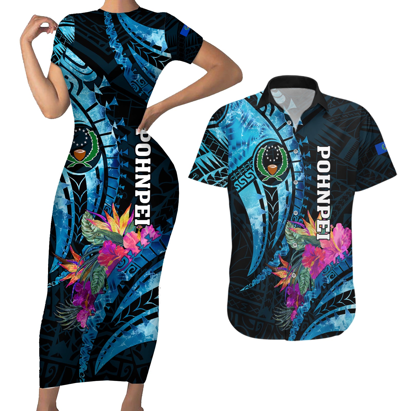 Personalised FSM Pohnpei State Couples Matching Short Sleeve Bodycon Dress and Hawaiian Shirt Tropical Flowers Tribal Pattern LT05 Blue - Polynesian Pride