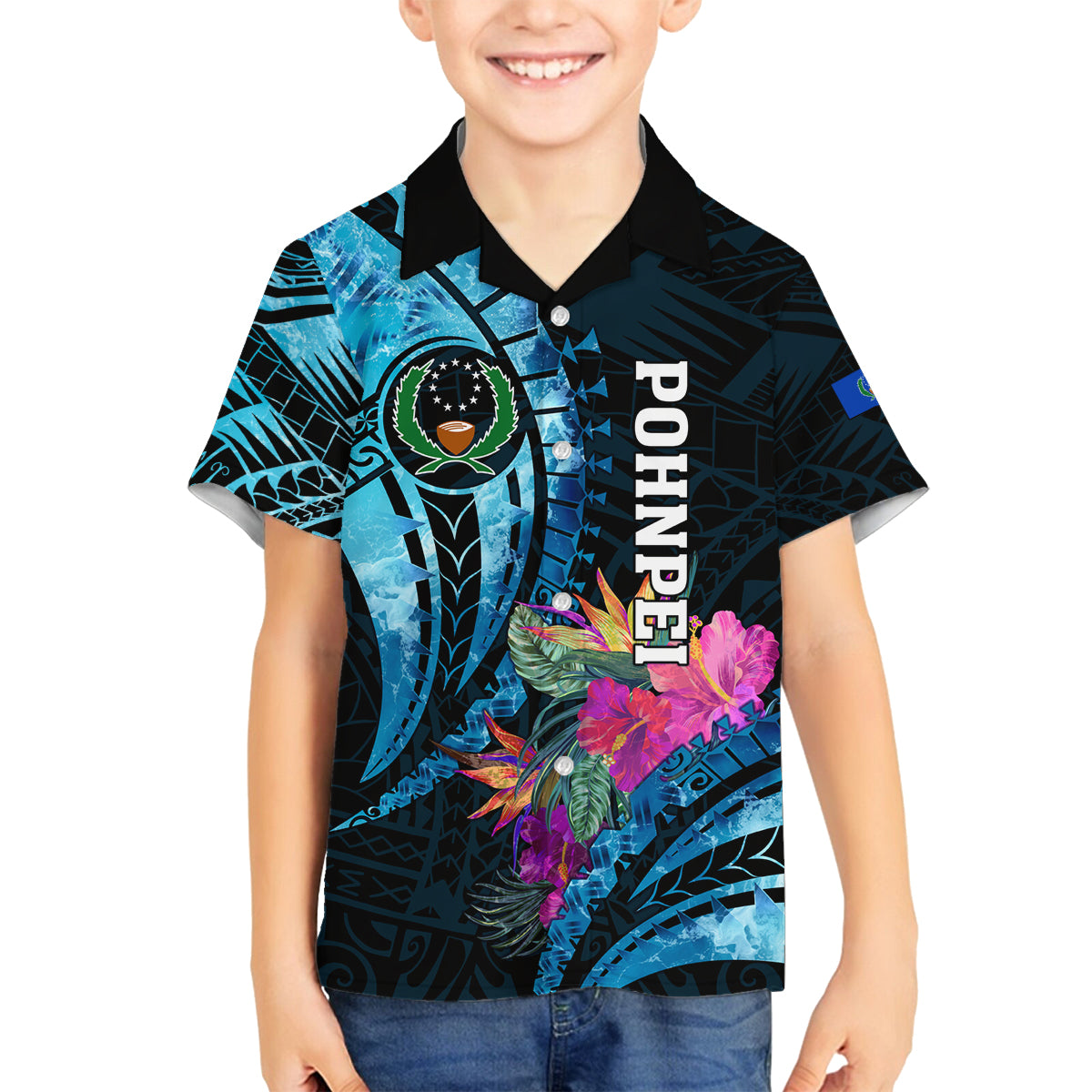 Personalised FSM Pohnpei State Family Matching Long Sleeve Bodycon Dress and Hawaiian Shirt Tropical Flowers Tribal Pattern LT05 Son's Shirt Blue - Polynesian Pride