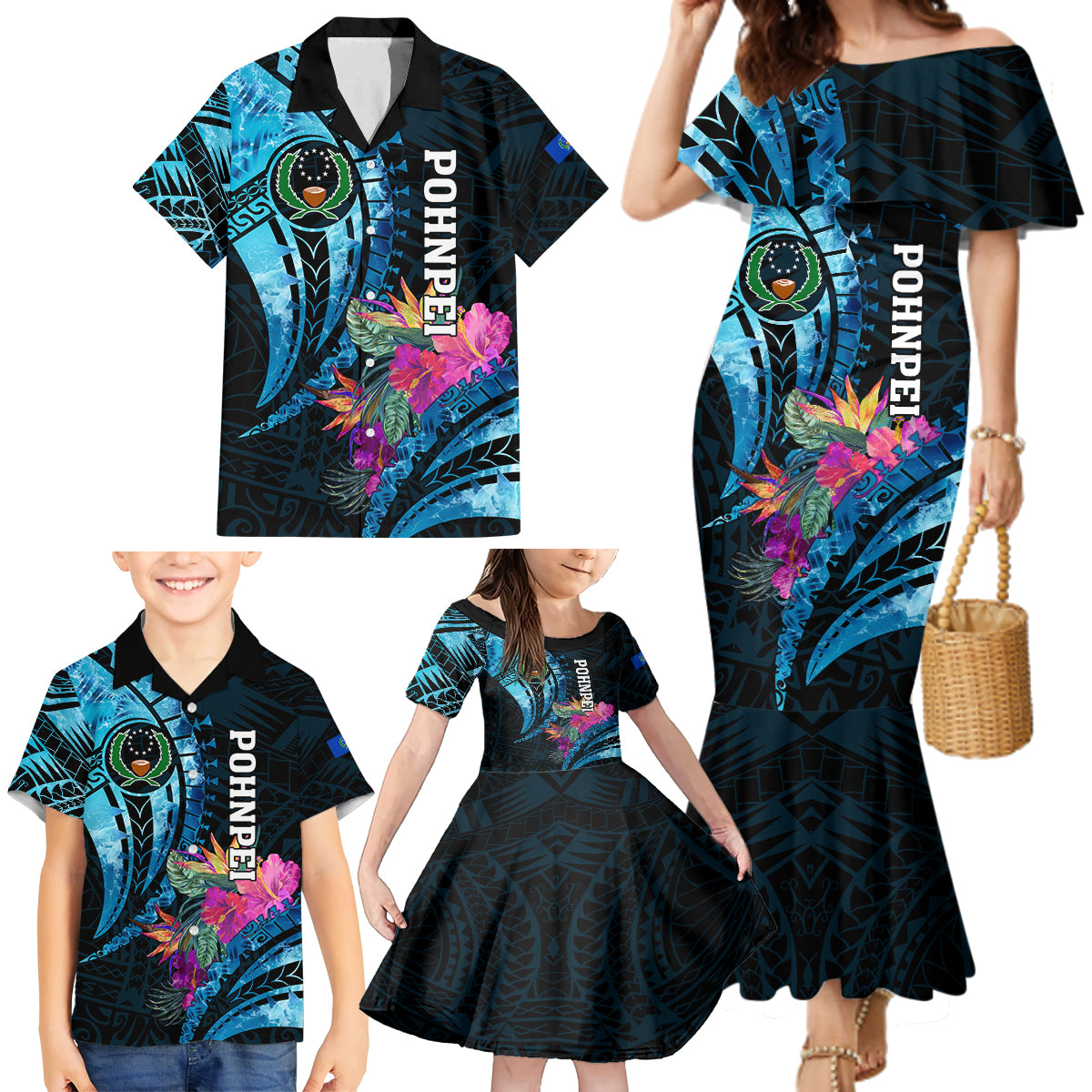 Personalised FSM Pohnpei State Family Matching Mermaid Dress and Hawaiian Shirt Tropical Flowers Tribal Pattern LT05 - Polynesian Pride