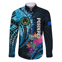 Personalised FSM Pohnpei State Family Matching Off Shoulder Long Sleeve Dress and Hawaiian Shirt Tropical Flowers Tribal Pattern LT05 Dad's Shirt - Long Sleeve Blue - Polynesian Pride