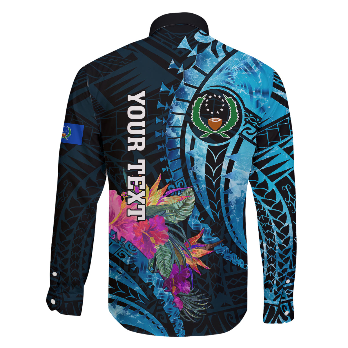 Personalised FSM Pohnpei State Family Matching Off Shoulder Long Sleeve Dress and Hawaiian Shirt Tropical Flowers Tribal Pattern LT05 - Polynesian Pride