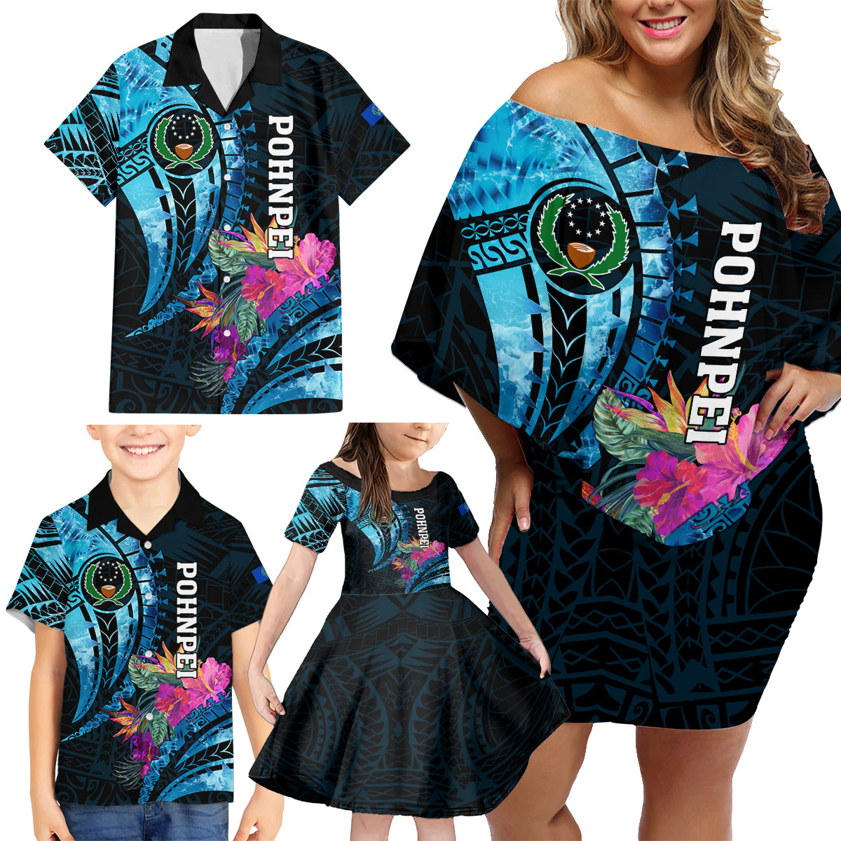 Personalised FSM Pohnpei State Family Matching Off Shoulder Short Dress and Hawaiian Shirt Tropical Flowers Tribal Pattern LT05 - Polynesian Pride