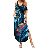 Personalised FSM Pohnpei State Family Matching Summer Maxi Dress and Hawaiian Shirt Tropical Flowers Tribal Pattern LT05 Mom's Dress Blue - Polynesian Pride