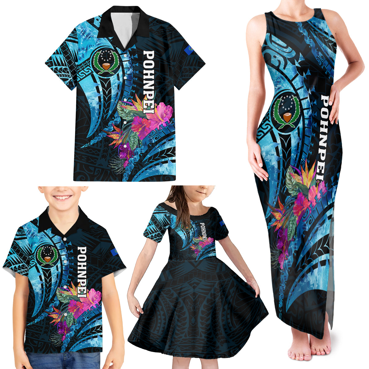 Personalised FSM Pohnpei State Family Matching Tank Maxi Dress and Hawaiian Shirt Tropical Flowers Tribal Pattern LT05 - Polynesian Pride