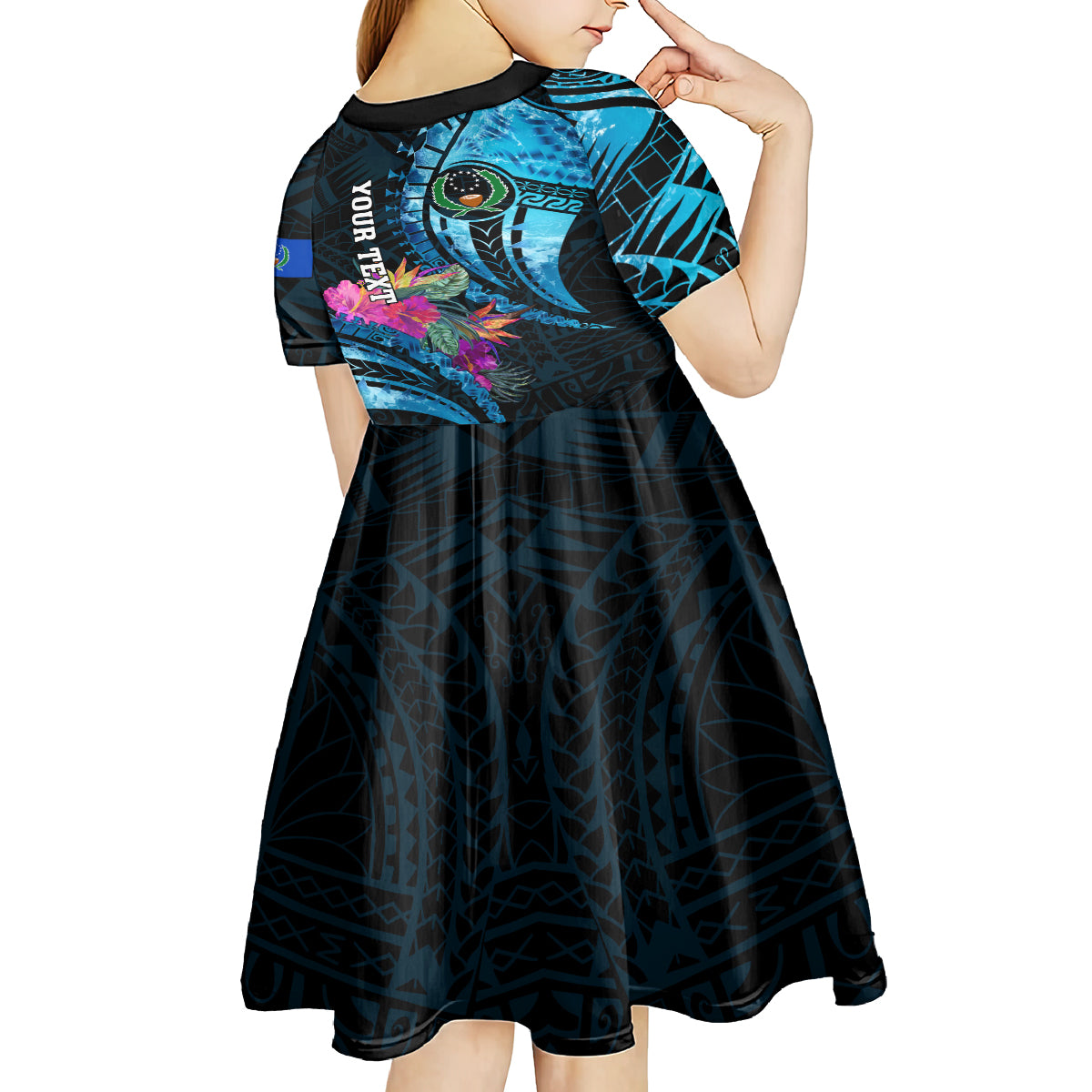 Personalised FSM Pohnpei State Kid Short Sleeve Dress Tropical Flowers Tribal Pattern LT05 - Polynesian Pride
