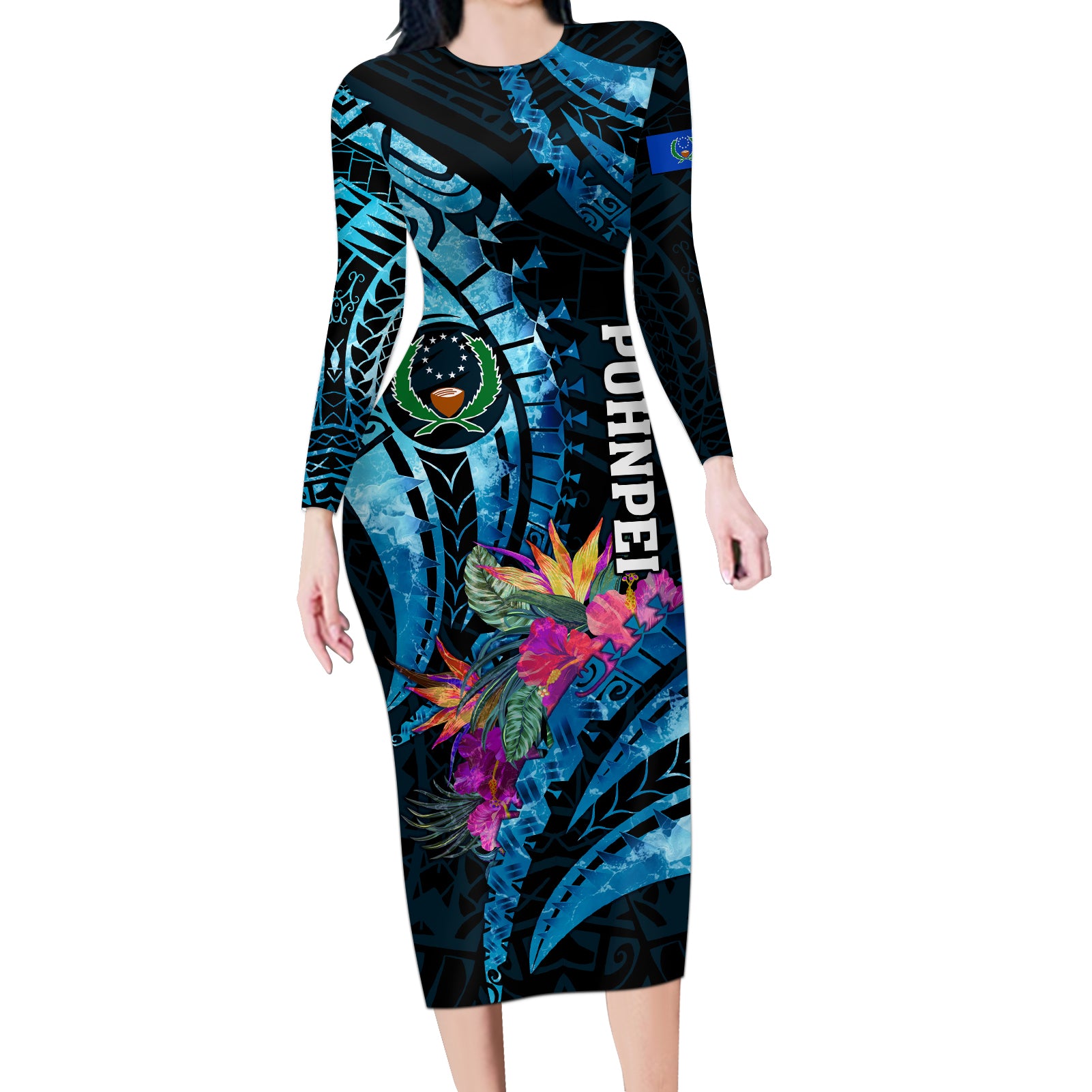 Personalised FSM Pohnpei State Long Sleeve Bodycon Dress Tropical Flowers Tribal Pattern LT05 Long Dress Blue - Polynesian Pride