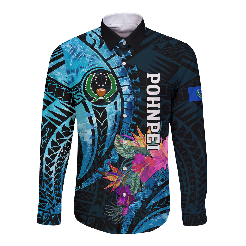 Personalised FSM Pohnpei State Long Sleeve Button Shirt Tropical Flowers Tribal Pattern LT05 Unisex Blue - Polynesian Pride