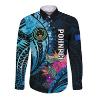Personalised FSM Pohnpei State Long Sleeve Button Shirt Tropical Flowers Tribal Pattern LT05 Unisex Blue - Polynesian Pride