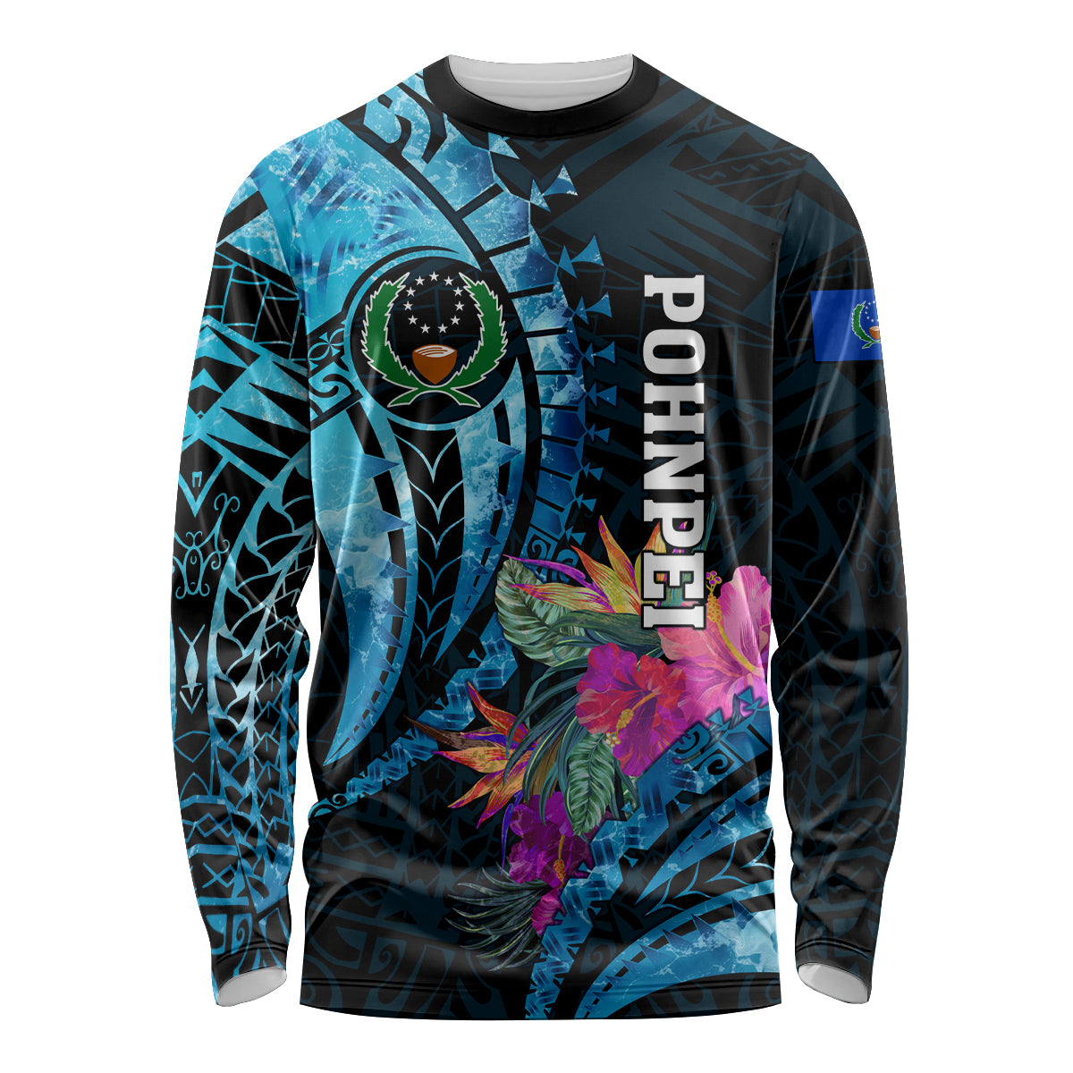 Personalised FSM Pohnpei State Long Sleeve Shirt Tropical Flowers Tribal Pattern LT05 Unisex Blue - Polynesian Pride