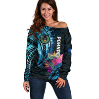Personalised FSM Pohnpei State Off Shoulder Sweater Tropical Flowers Tribal Pattern LT05 Women Blue - Polynesian Pride