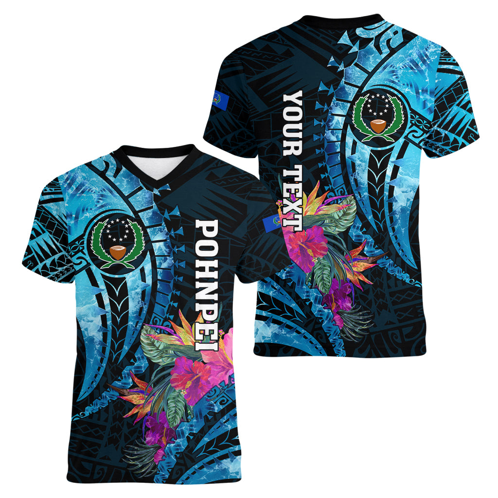Personalised FSM Pohnpei State Women V Neck T Shirt Tropical Flowers Tribal Pattern LT05 - Polynesian Pride
