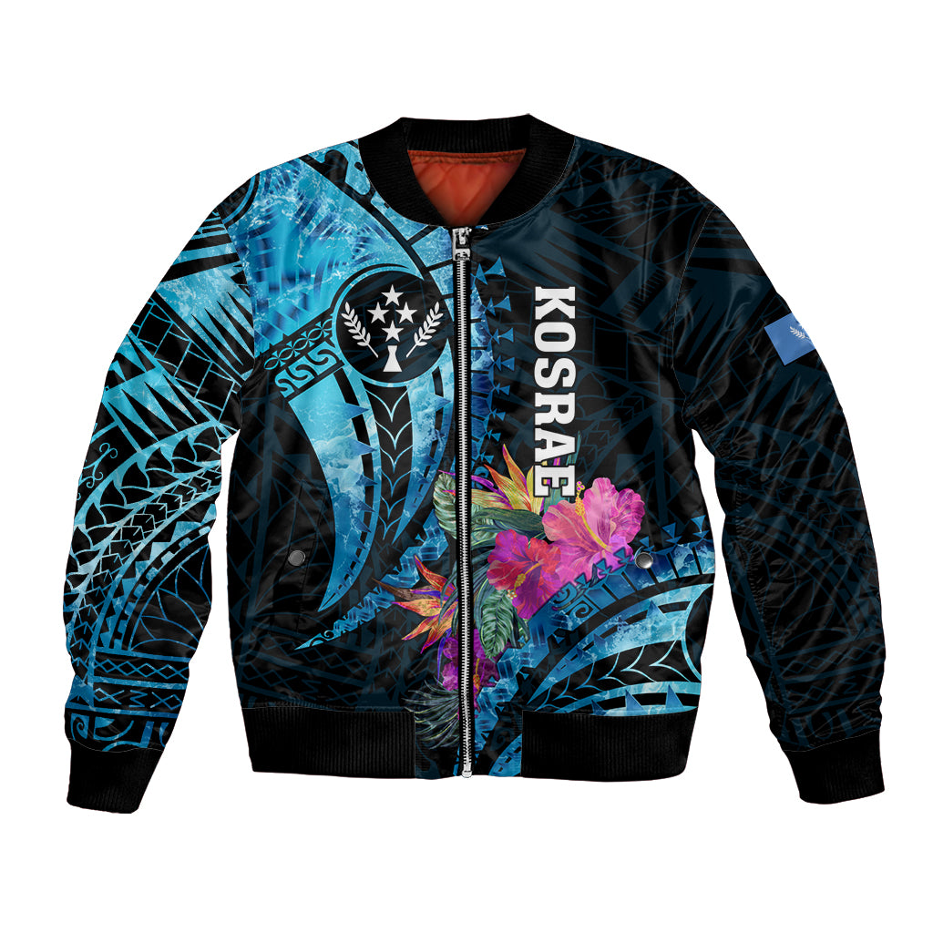 Personalised FSM Kosrae State Bomber Jacket Tropical Flowers Tribal Pattern LT05 Unisex Blue - Polynesian Pride