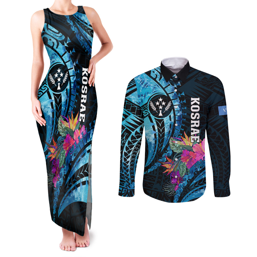 Personalised FSM Kosrae State Couples Matching Tank Maxi Dress and Long Sleeve Button Shirt Tropical Flowers Tribal Pattern LT05 Blue - Polynesian Pride