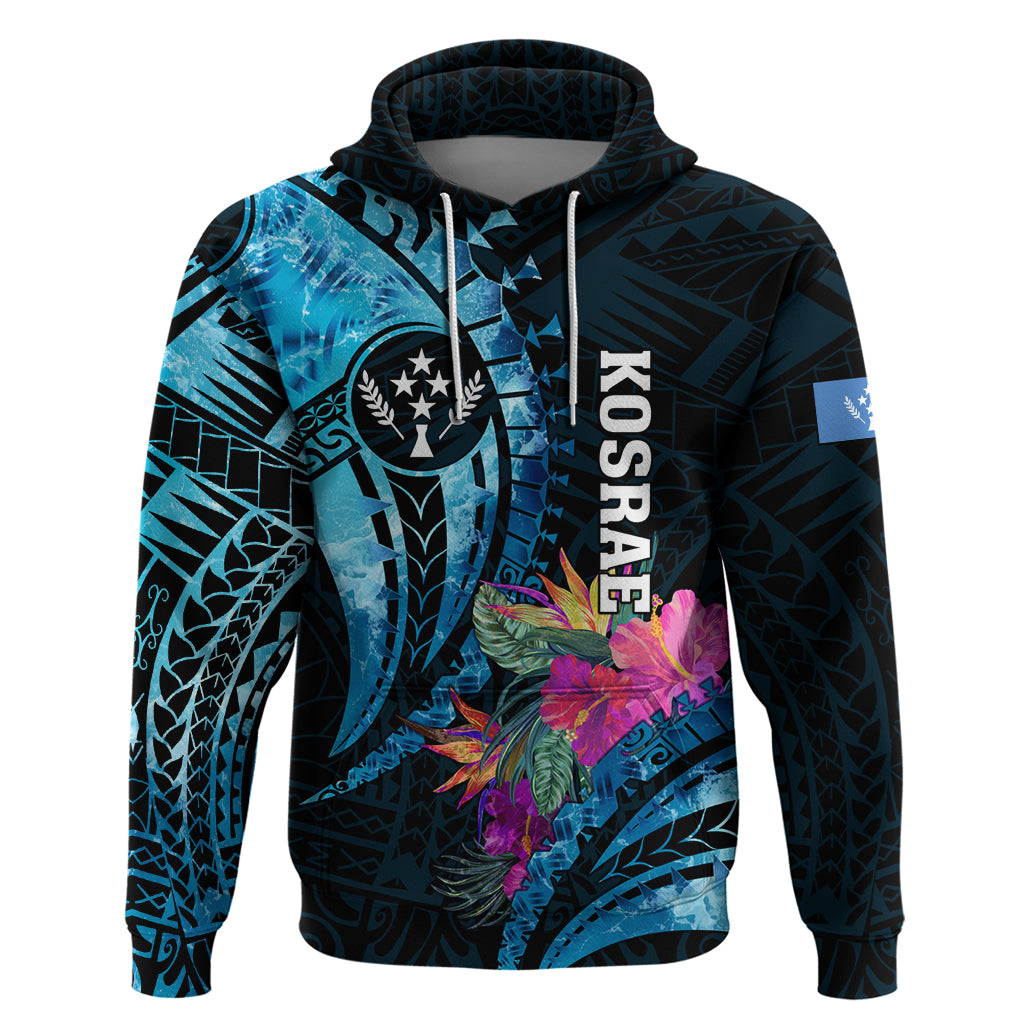 Personalised FSM Kosrae State Hoodie Tropical Flowers Tribal Pattern LT05 Pullover Hoodie Blue - Polynesian Pride