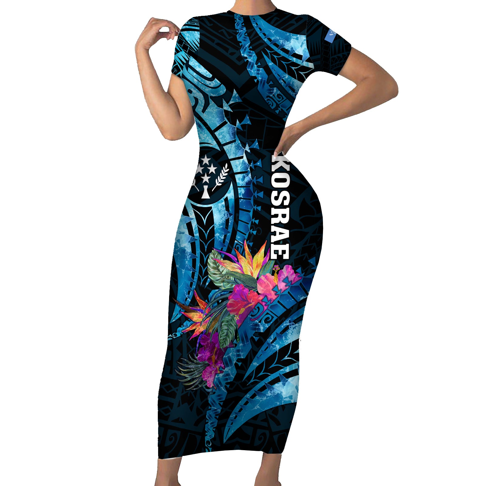 Personalised FSM Kosrae State Short Sleeve Bodycon Dress Tropical Flowers Tribal Pattern LT05 Long Dress Blue - Polynesian Pride