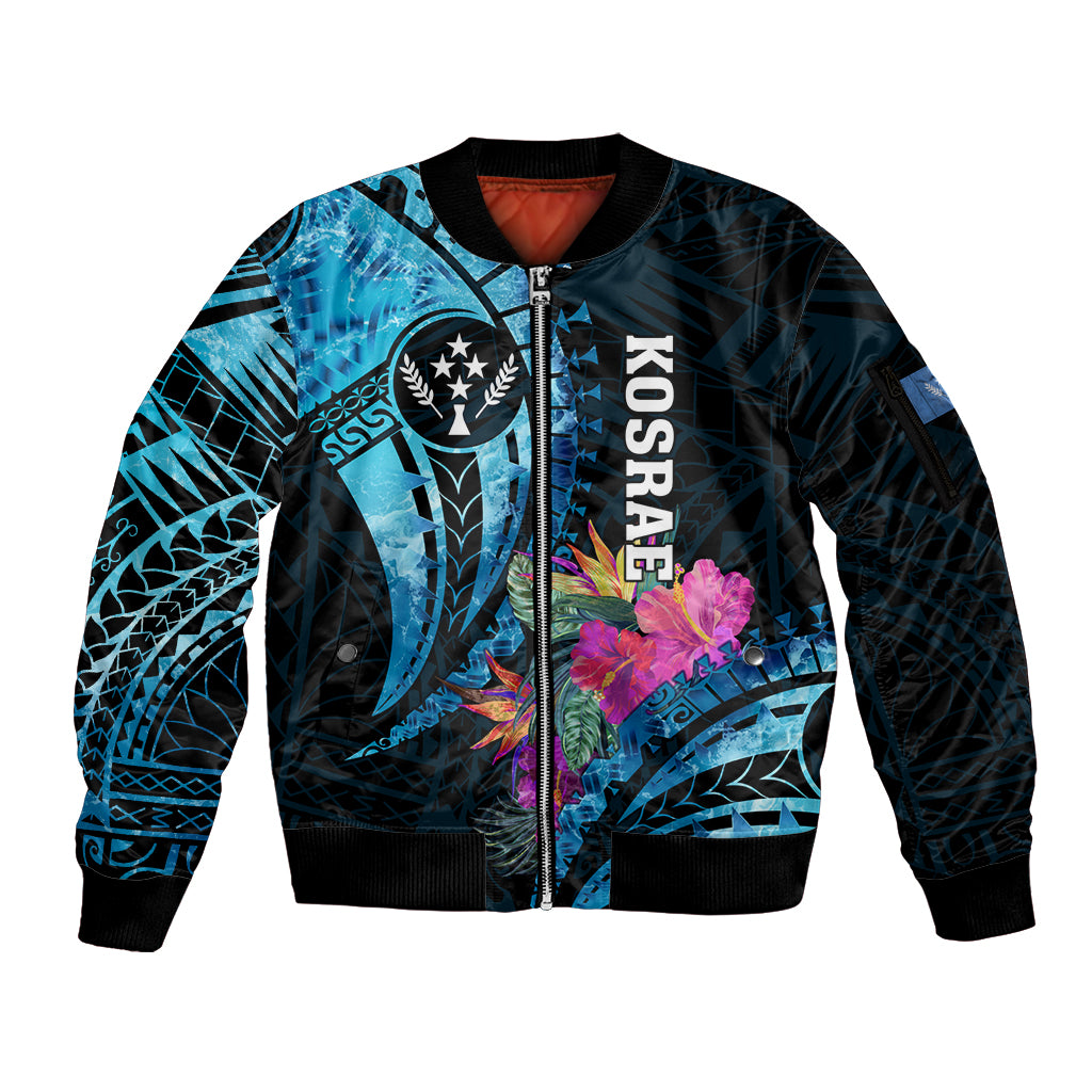 Personalised FSM Kosrae State Sleeve Zip Bomber Jacket Tropical Flowers Tribal Pattern LT05 Unisex Blue - Polynesian Pride