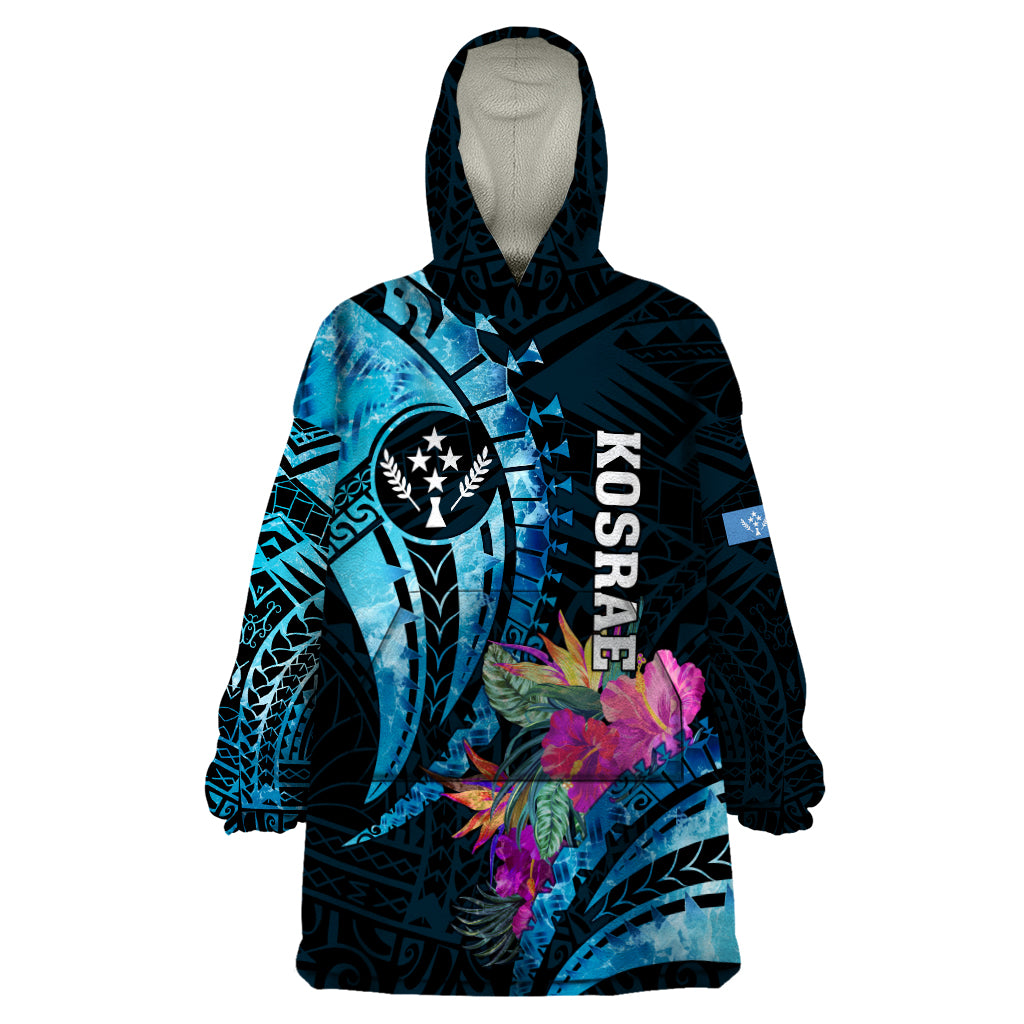 Personalised FSM Kosrae State Wearable Blanket Hoodie Tropical Flowers Tribal Pattern LT05 One Size Blue - Polynesian Pride