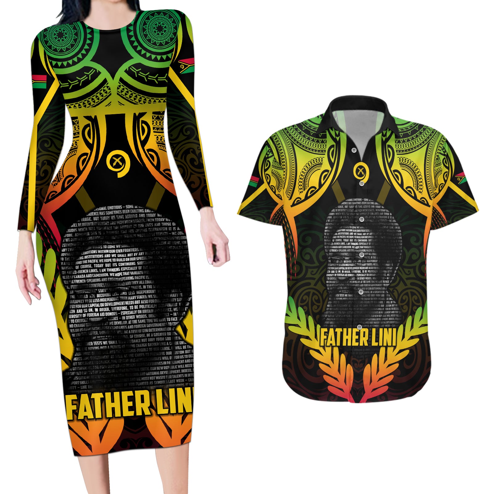 Personalised Vanuatu Father Lini Day Couples Matching Long Sleeve Bodycon Dress and Hawaiian Shirt Polynesian Tribal Pattern LT05 Black - Polynesian Pride