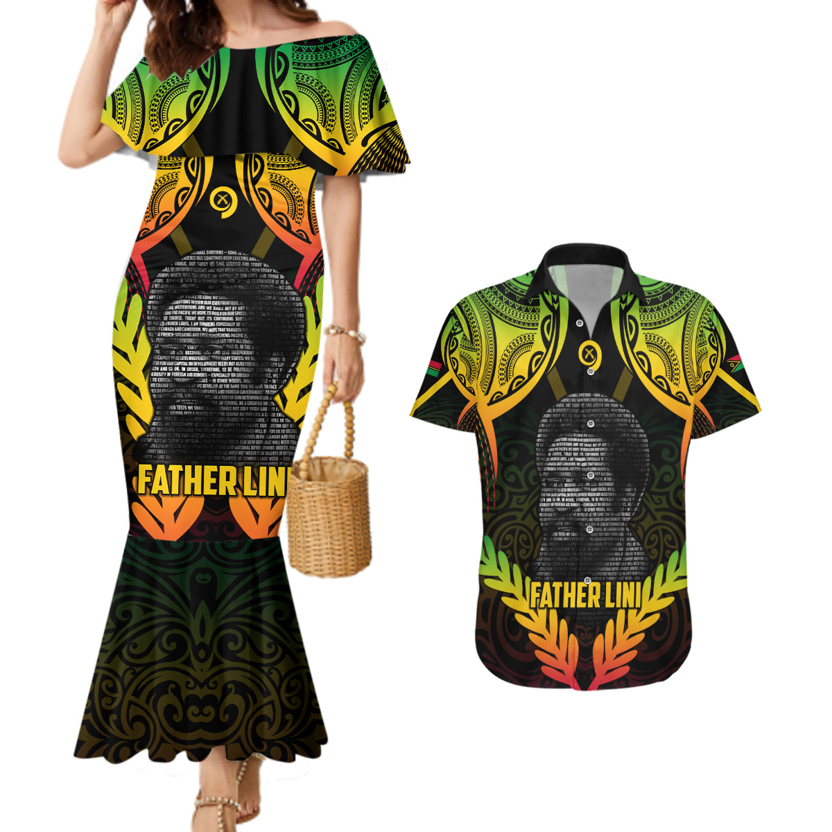 Personalised Vanuatu Father Lini Day Couples Matching Mermaid Dress and Hawaiian Shirt Polynesian Tribal Pattern LT05 Black - Polynesian Pride