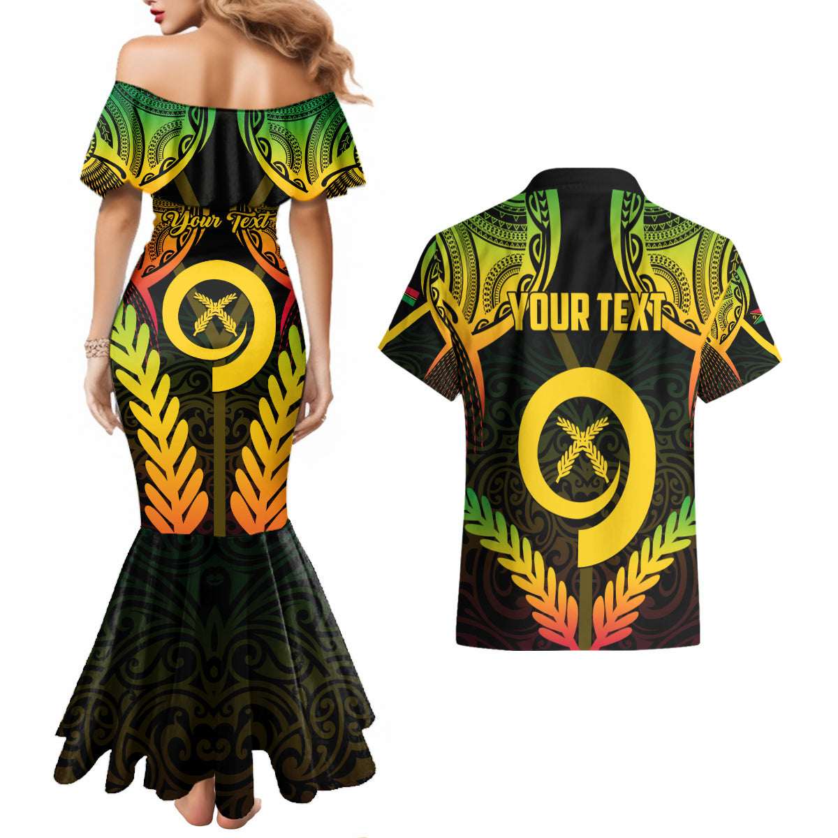 Personalised Vanuatu Father Lini Day Couples Matching Mermaid Dress and Hawaiian Shirt Polynesian Tribal Pattern LT05 - Polynesian Pride