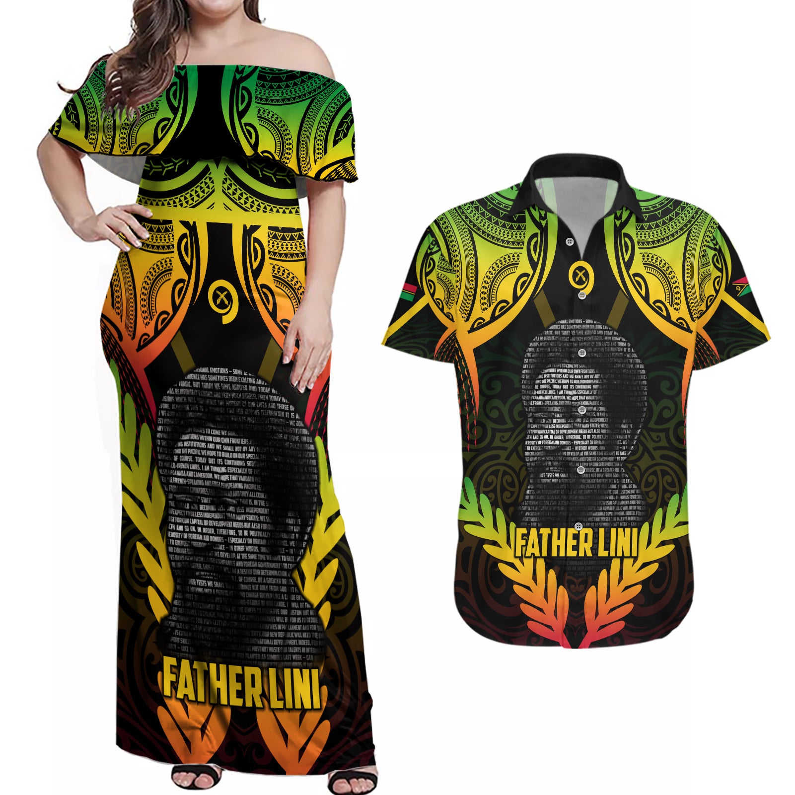 Personalised Vanuatu Father Lini Day Couples Matching Off Shoulder Maxi Dress and Hawaiian Shirt Polynesian Tribal Pattern LT05 Black - Polynesian Pride