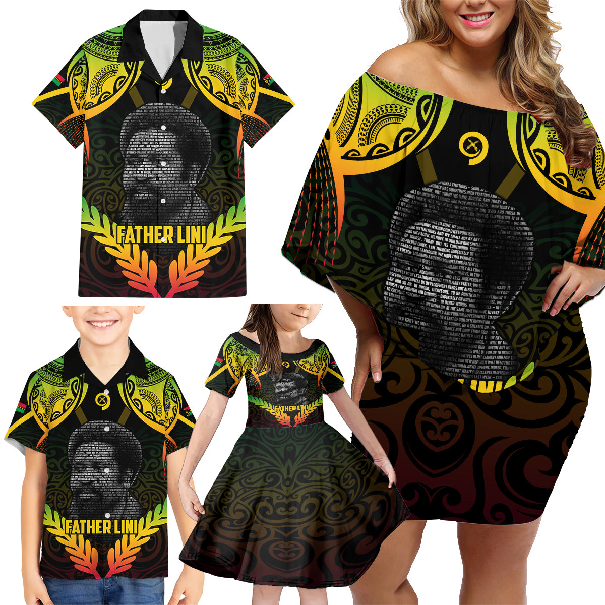 Personalised Vanuatu Father Lini Day Family Matching Off Shoulder Short Dress and Hawaiian Shirt Polynesian Tribal Pattern LT05 - Polynesian Pride