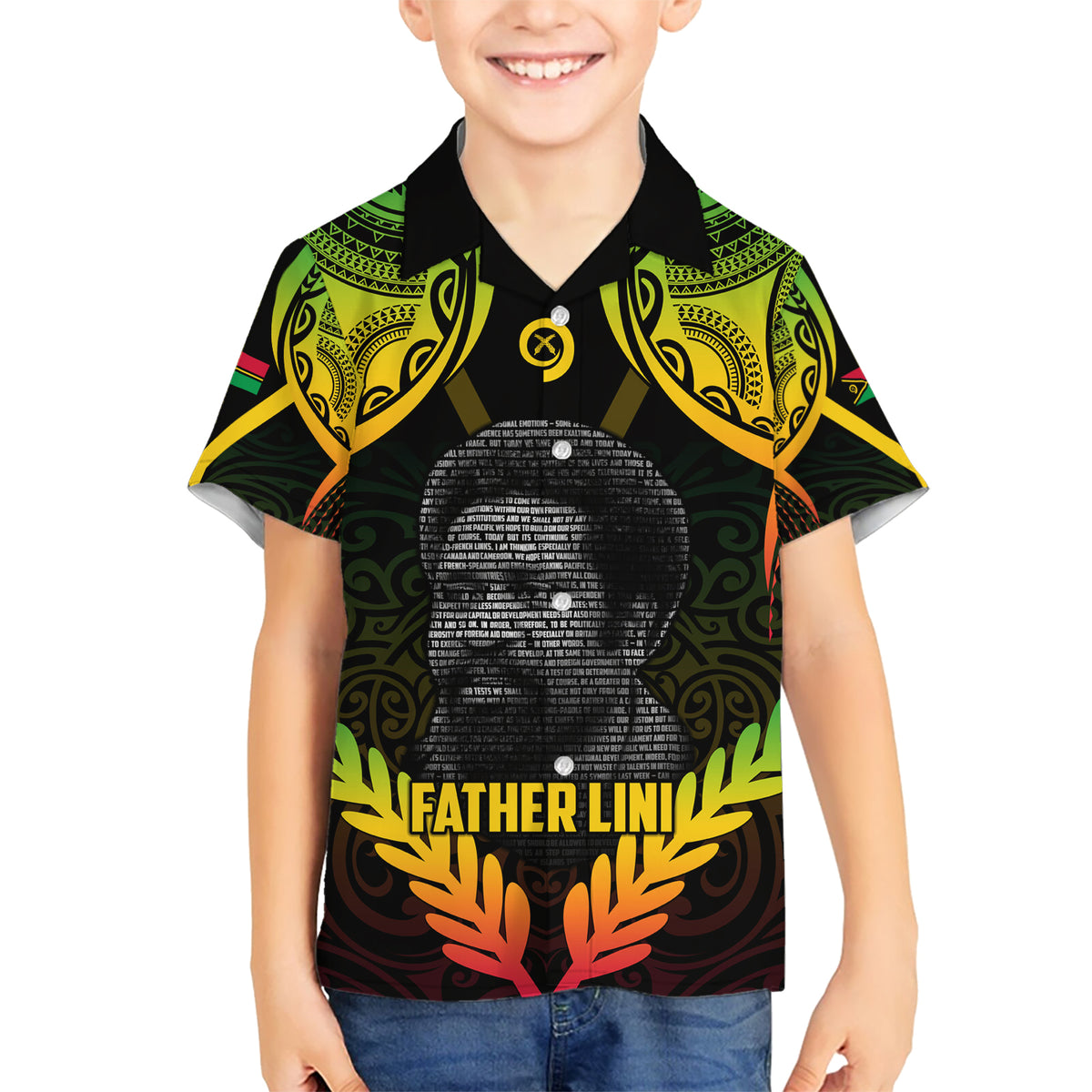 Personalised Vanuatu Father Lini Day Kid Hawaiian Shirt Polynesian Tribal Pattern LT05 Kid Black - Polynesian Pride