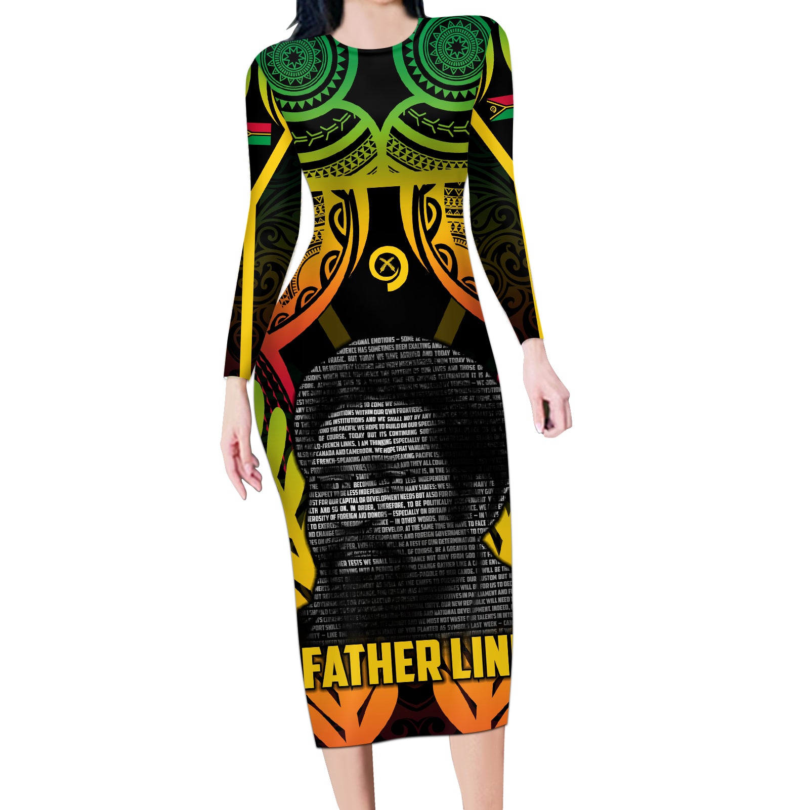 Personalised Vanuatu Father Lini Day Long Sleeve Bodycon Dress Polynesian Tribal Pattern LT05 Long Dress Black - Polynesian Pride