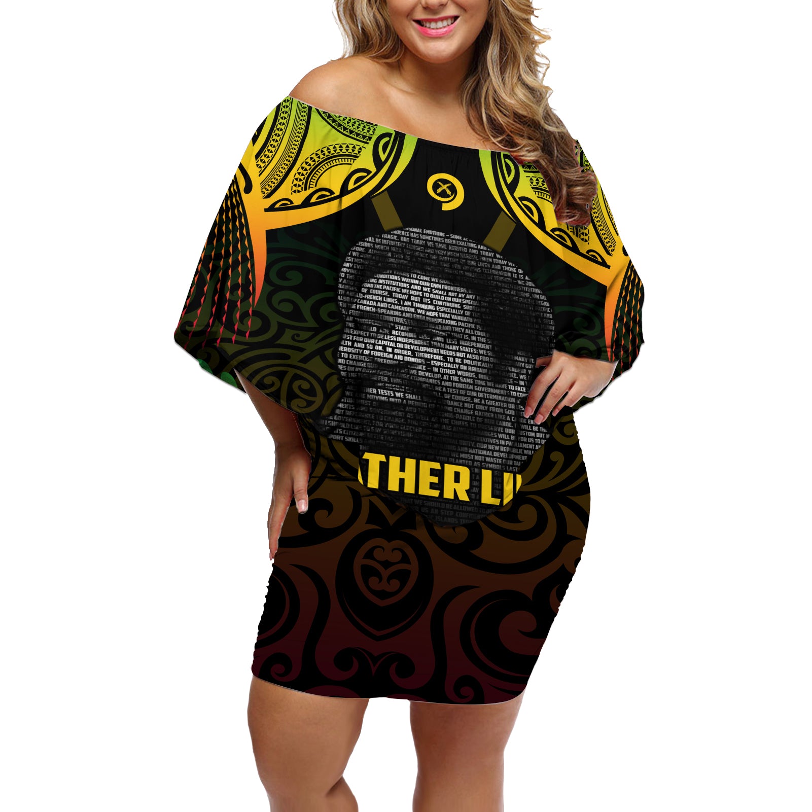 Personalised Vanuatu Father Lini Day Off Shoulder Short Dress Polynesian Tribal Pattern LT05 Women Black - Polynesian Pride