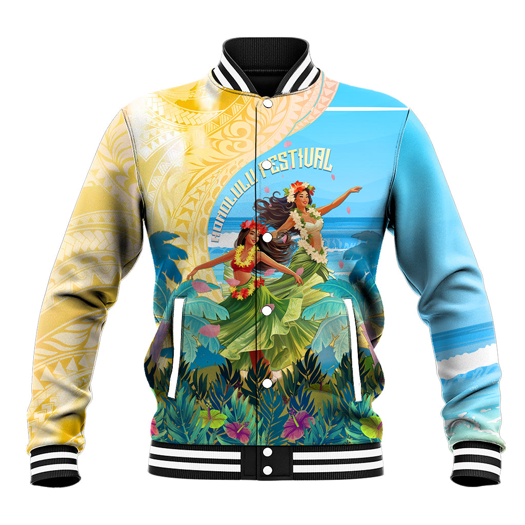 Personalised Hawaii Honolulu Festival Baseball Jacket Hula Girls Tropical Vibe LT05 Unisex Blue - Polynesian Pride