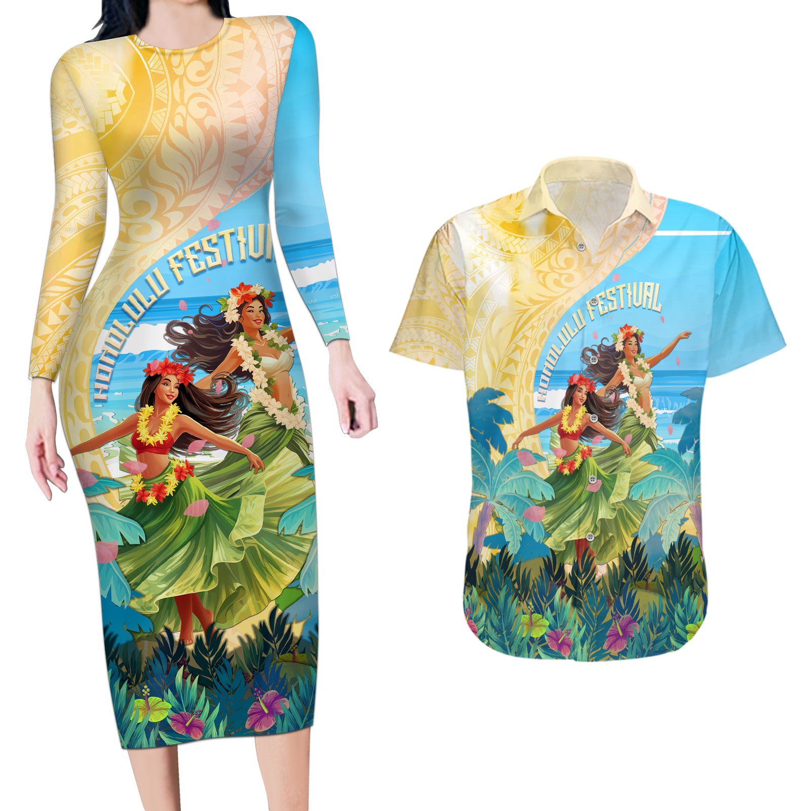 Personalised Hawaii Honolulu Festival Couples Matching Long Sleeve Bodycon Dress and Hawaiian Shirt Hula Girls Tropical Vibe LT05 Blue - Polynesian Pride