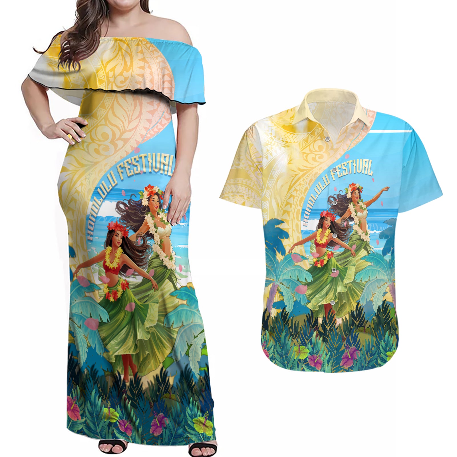 Personalised Hawaii Honolulu Festival Couples Matching Off Shoulder Maxi Dress and Hawaiian Shirt Hula Girls Tropical Vibe LT05 Blue - Polynesian Pride