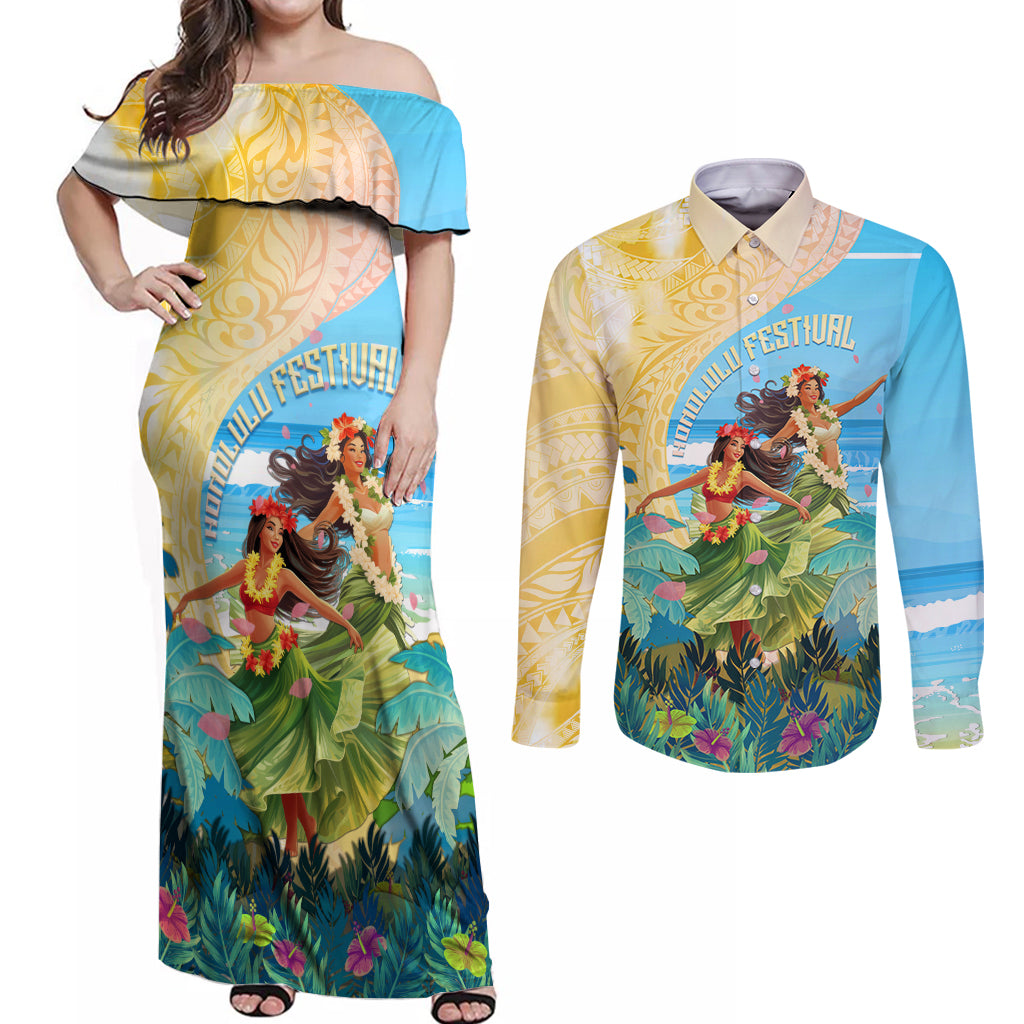 Personalised Hawaii Honolulu Festival Couples Matching Off Shoulder Maxi Dress and Long Sleeve Button Shirt Hula Girls Tropical Vibe LT05 Blue - Polynesian Pride