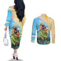 Personalised Hawaii Honolulu Festival Couples Matching Off The Shoulder Long Sleeve Dress and Long Sleeve Button Shirt Hula Girls Tropical Vibe LT05 - Polynesian Pride