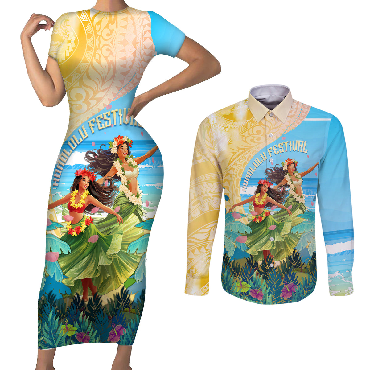 Personalised Hawaii Honolulu Festival Couples Matching Short Sleeve Bodycon Dress and Long Sleeve Button Shirt Hula Girls Tropical Vibe LT05 Blue - Polynesian Pride
