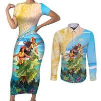 Personalised Hawaii Honolulu Festival Couples Matching Short Sleeve Bodycon Dress and Long Sleeve Button Shirt Hula Girls Tropical Vibe LT05 Blue - Polynesian Pride