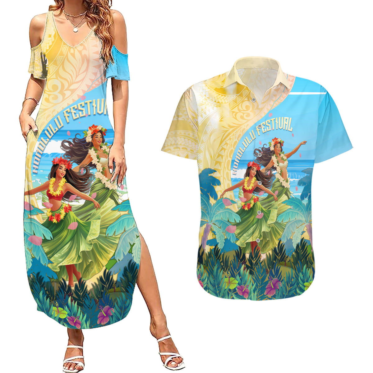 Personalised Hawaii Honolulu Festival Couples Matching Summer Maxi Dress and Hawaiian Shirt Hula Girls Tropical Vibe LT05 Blue - Polynesian Pride