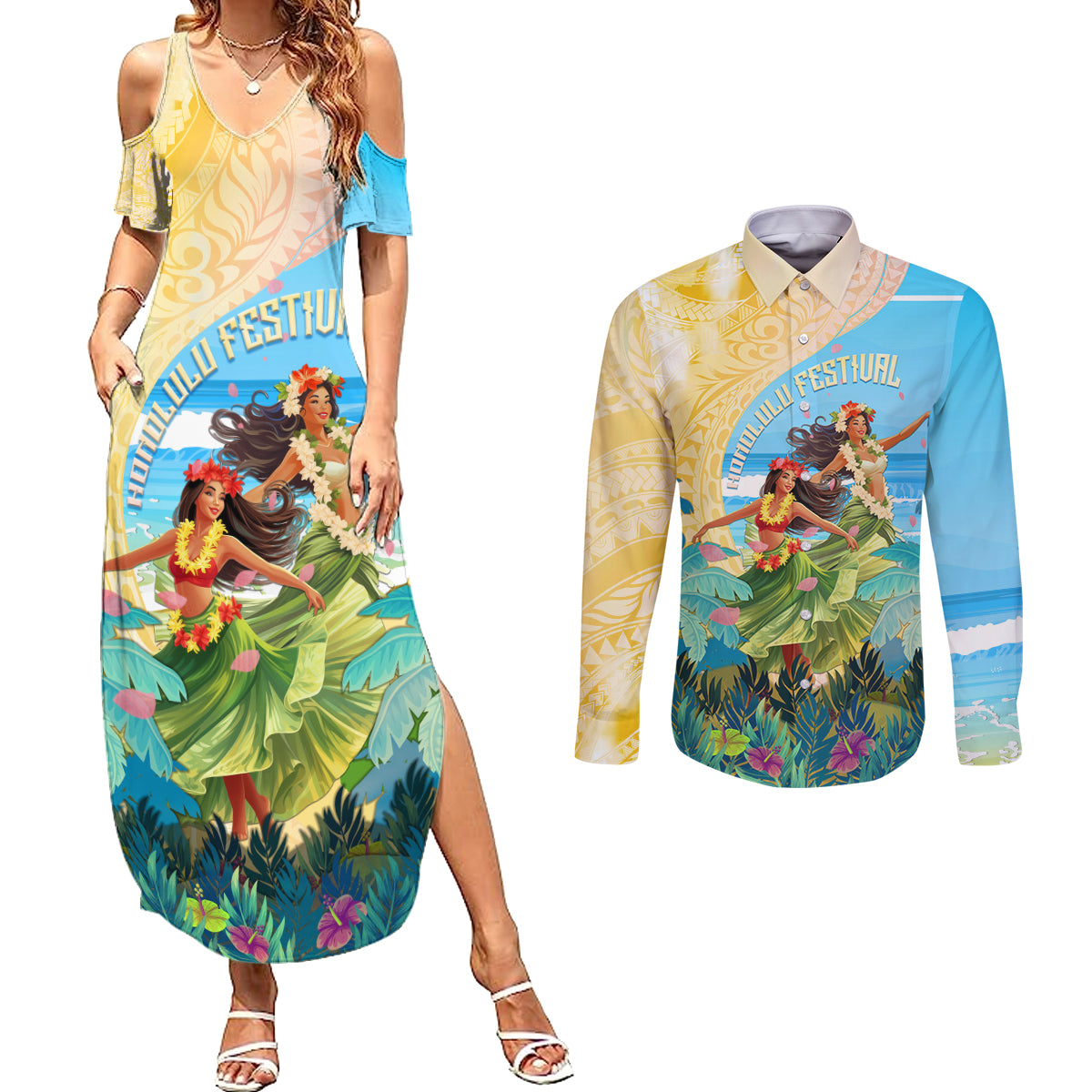 Personalised Hawaii Honolulu Festival Couples Matching Summer Maxi Dress and Long Sleeve Button Shirt Hula Girls Tropical Vibe LT05 Blue - Polynesian Pride